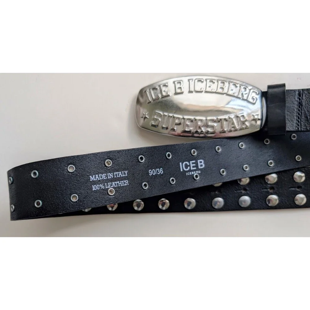 Vintage Ice Iceberg Superstar Leather Studded Belt Size 36 Made in Italy